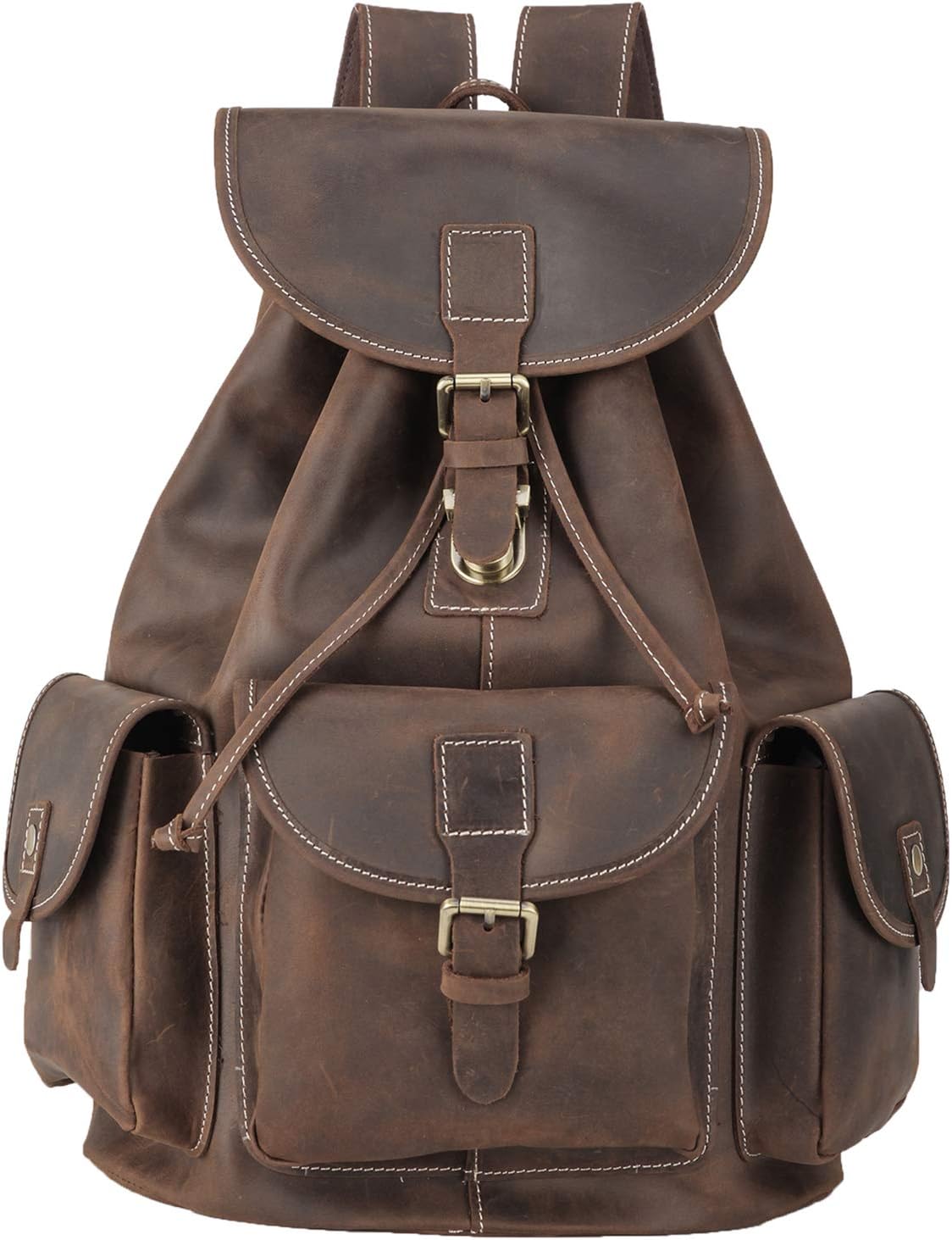 Vintage Full Grain Leather Rucksack Backpack for Men & Women - Casual Travel Satchel, Dark Brown