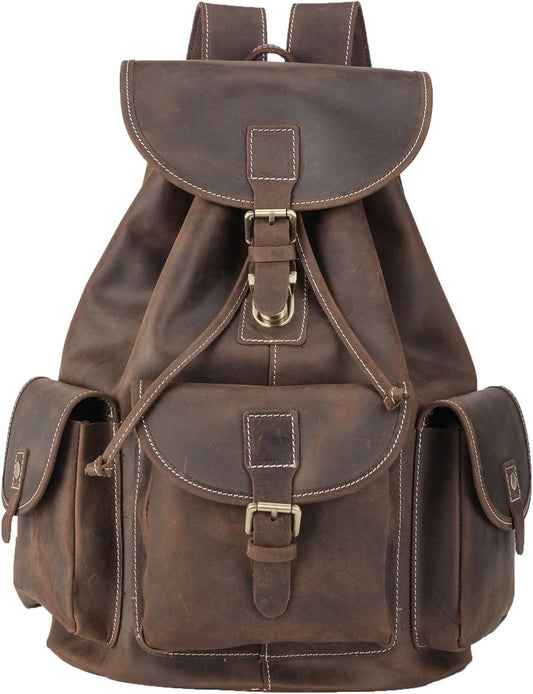 Vintage Full Grain Leather Rucksack Backpack for Men & Women - Casual Travel Satchel, Dark Brown