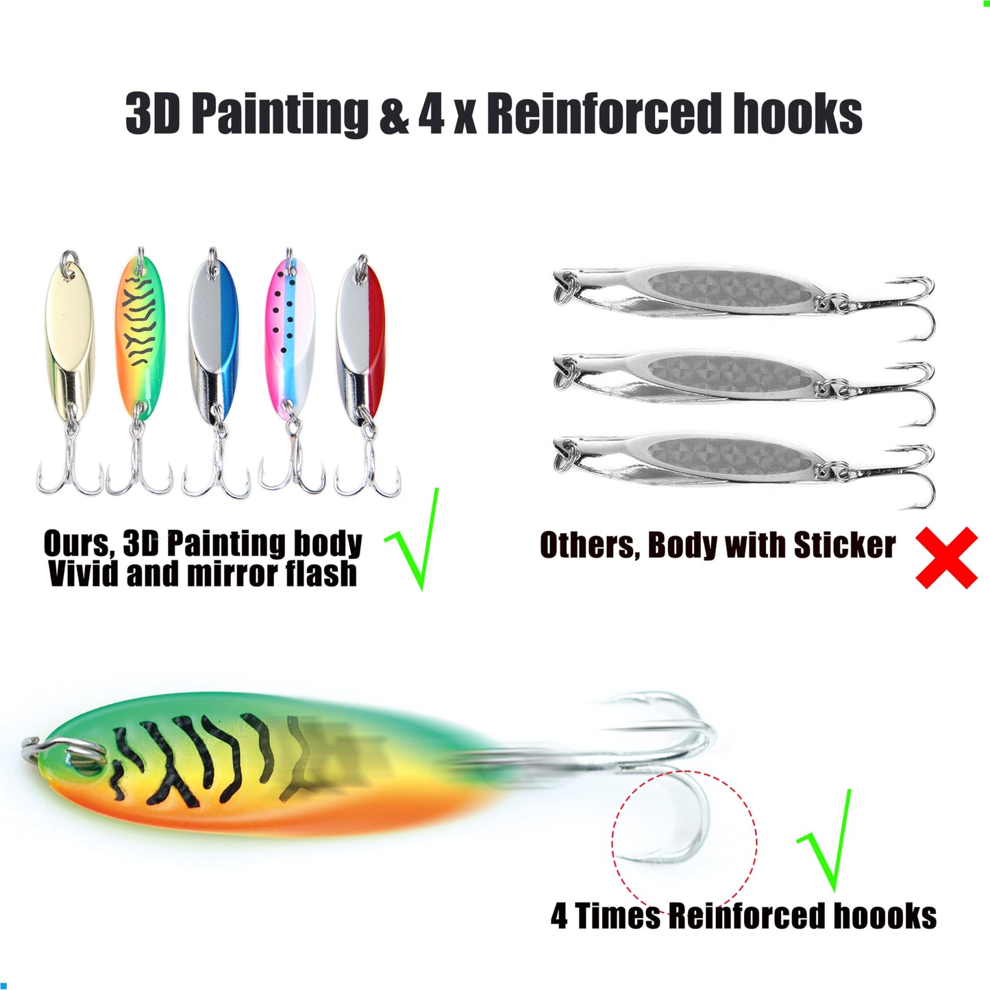 EXAURAFELIS 5pcs Fishing Lures Casting Spoon Lure Fishing Spoons Lures Troutlure Bass Lure Crappielure Pikelure Walleyelure for Saltwater and Freshwater with Tackle Box 1/4oz