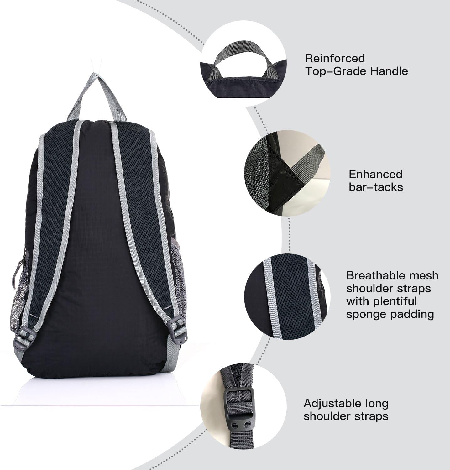 Outlander Packable Handy Lightweight Travel Hiking Backpack Daypack, Black