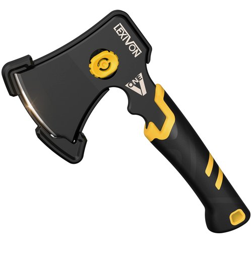LEXIVON V-ONE Survival Hatchet, 9.5" Full Tang Lightweight Axe | 6mm Stainless Steel Electro-Black Finish Blade, Ergonomic Bi-Material Grip Handle | Protective Slim Sheath Included (LX-VONE-PP)