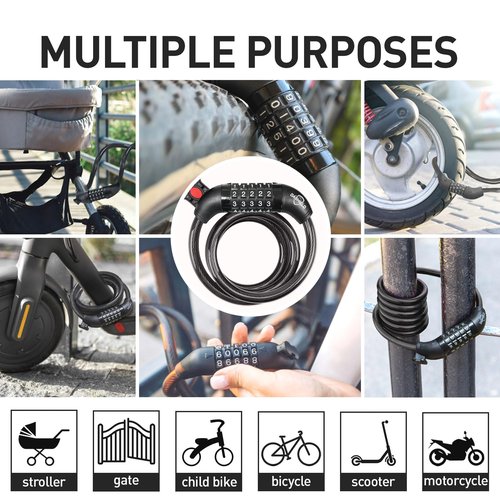 DaShield Bike Lock Cable 59 inches Long 5 Digit Resettable Combination Code for Bicycle and Scooter Cable Lock Anti Theft Cable Locks with Secure Mounting Bracket