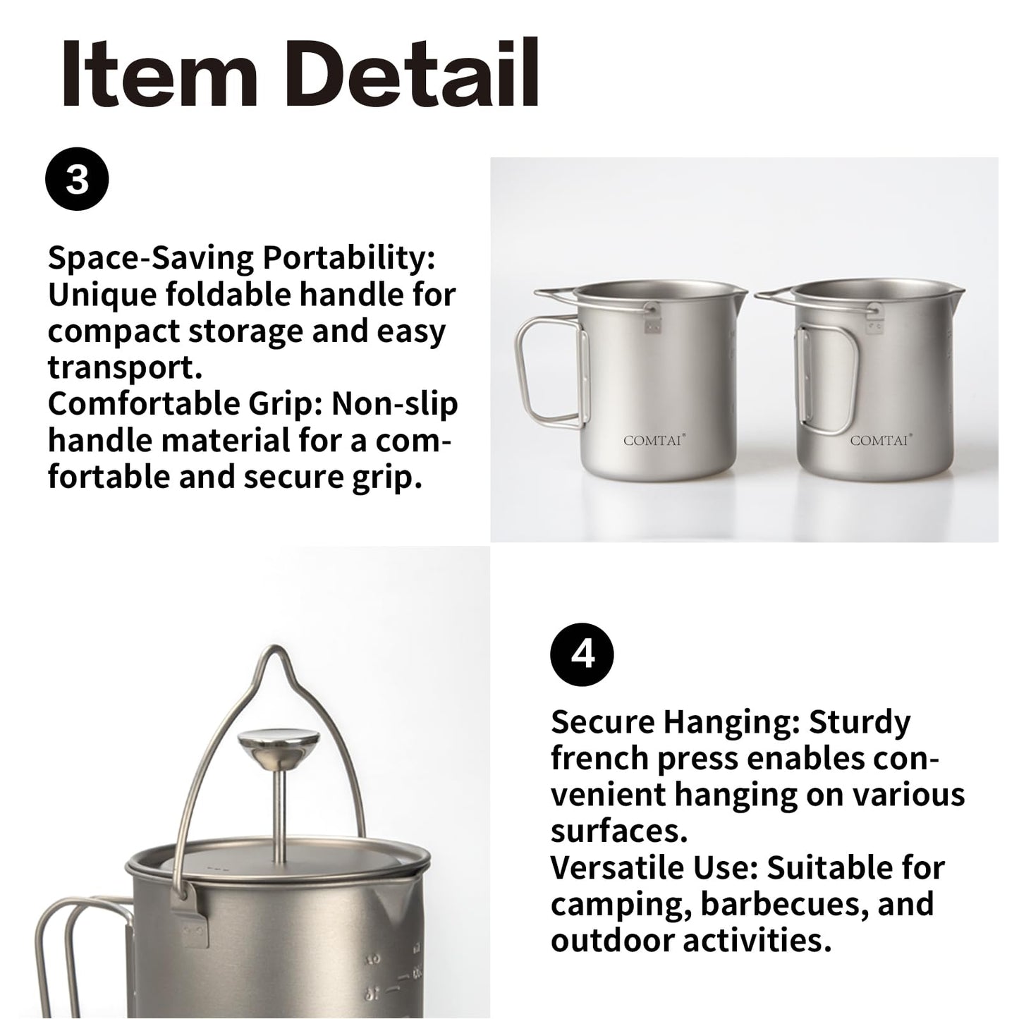 COMTAI Titanium French Press Pot 750mL/25 fl oz Coffee Maker Camping with Lid and Filter Titanium French Press Cup Backpacking for Outdoor Hiking Camp
