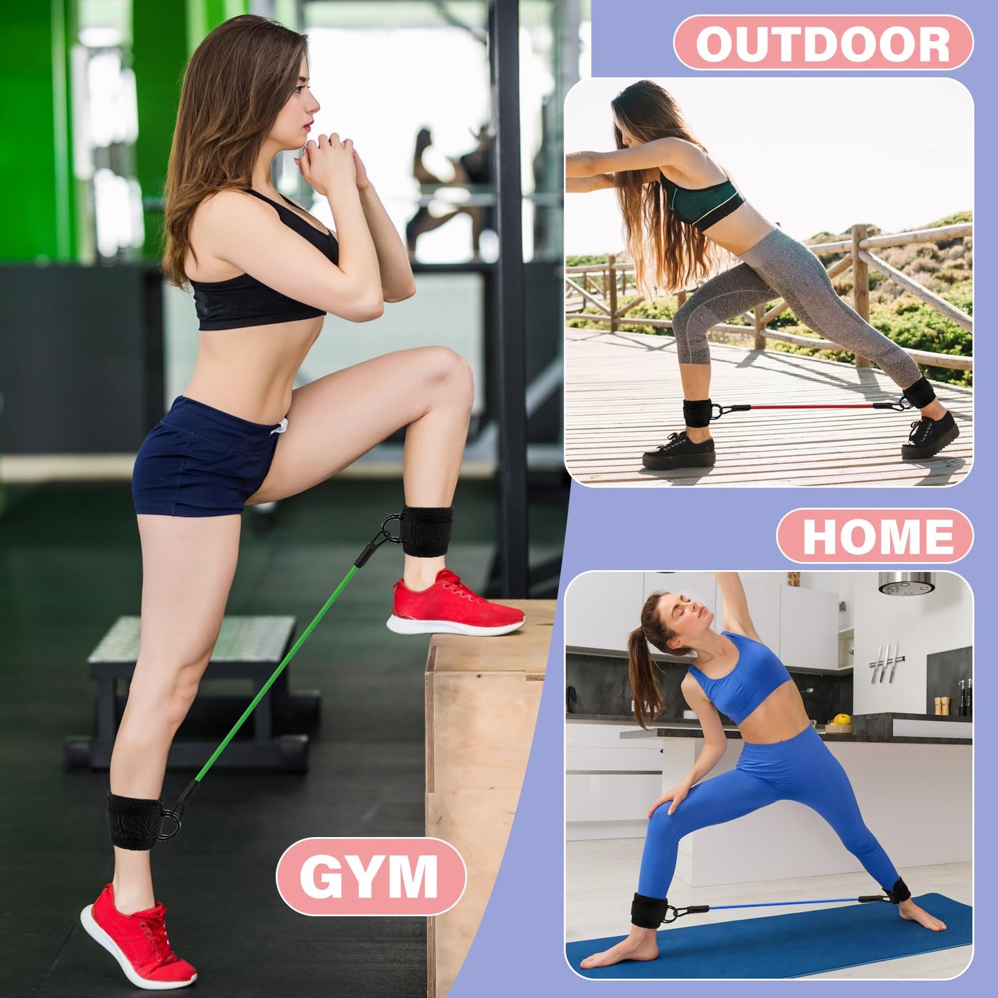 Feelorna Ankle Resistance Bands with Cuffs, Portable Ankle Bands for Working Out, 3 Levels of Resistance, Black