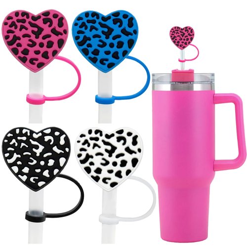 Stanley Cup Accessories 40oz 30oz Tumbler with Handle,Hot Pink Straw Toppers,Leopard Heart Straw Cover Cap for Stanley Cup, Straw Covers for Yeti,Birthday Valentines Day Gifts for Her Girls Women