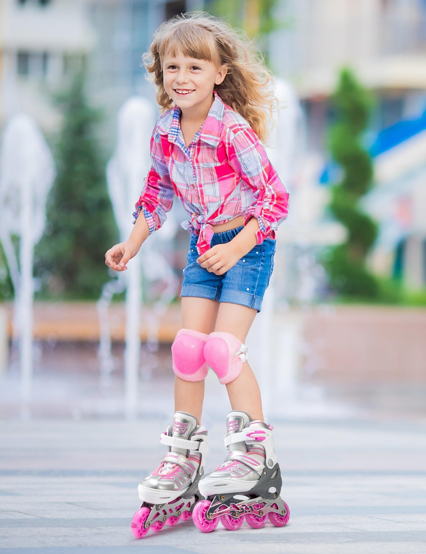 2PM SPORTS Cytia Pink Girls Adjustable Illuminating Inline Skates with Light up Wheels, Fun Flashing Beginner Roller Skates for Kids (Silver, Small - Little Kids (10C-12.5C US))