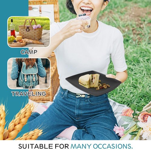 Teivio 16-piece Plastic Wheat Straw Square Dinnerware Set for 4, Unbreakable Dinner Plates, Salad Plates, Snack Bowls, Mugs, Dishwasher Safe, Black