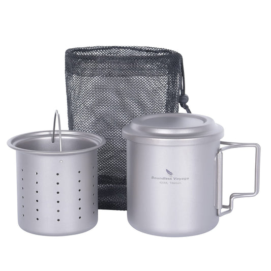 Boundless Voyage Single Layer Titanium Cup Portable Camping Picnic Water Cup Mug with Foldable Handle Lightweight Tea Cup with Tea Filter 420ml/14.2 fl.oz(Ti3054D)