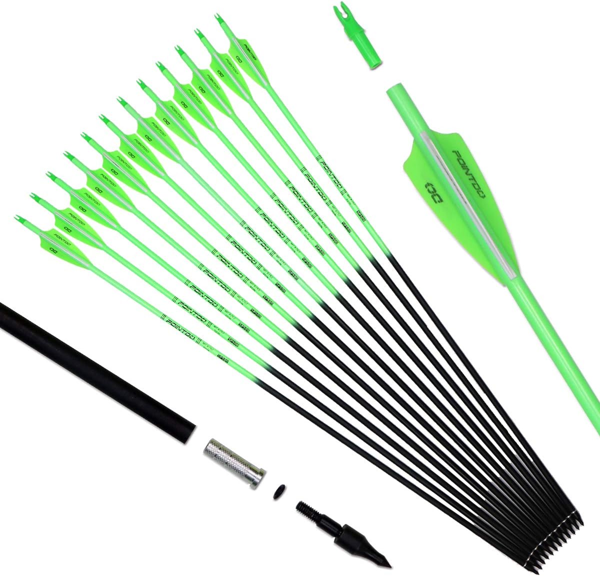 30inch Carbon Arrow Fluorescence Color Targeting and Practice and Hunting Arrows for Compound Bow and Recurve Bow with Removable Tips(Pack of 12)