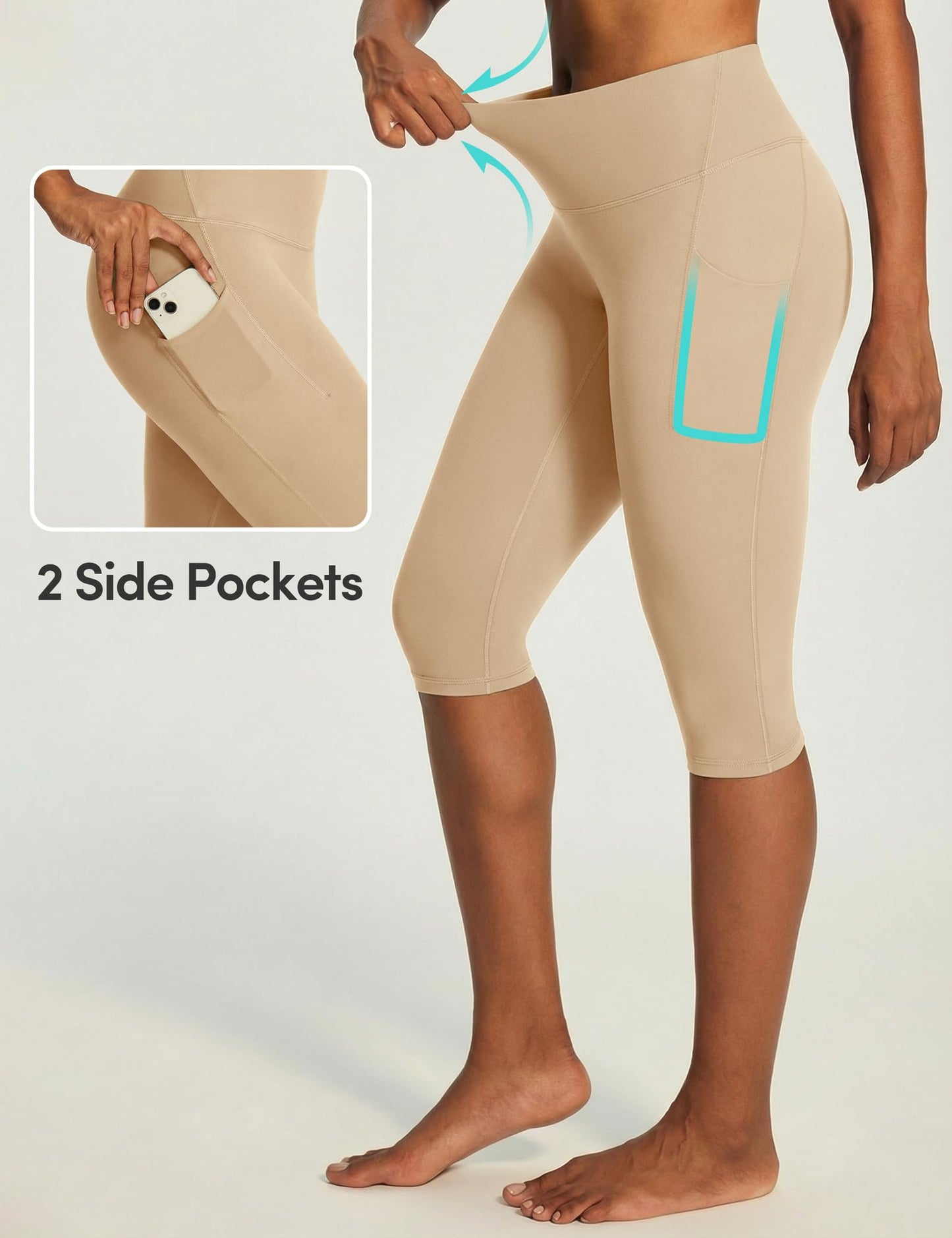 IUGA Capri Leggings for Women with Pockets Women's High Waisted Knee Length Capris Compression Yoga Pants Workout Leggings Khaki