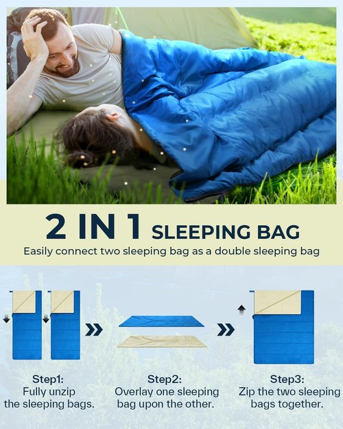 Lightweight 3-Season Sleeping Bag for Adults & Kids - Portable Compact Design for Camping & Hiking (59℉-77℉)