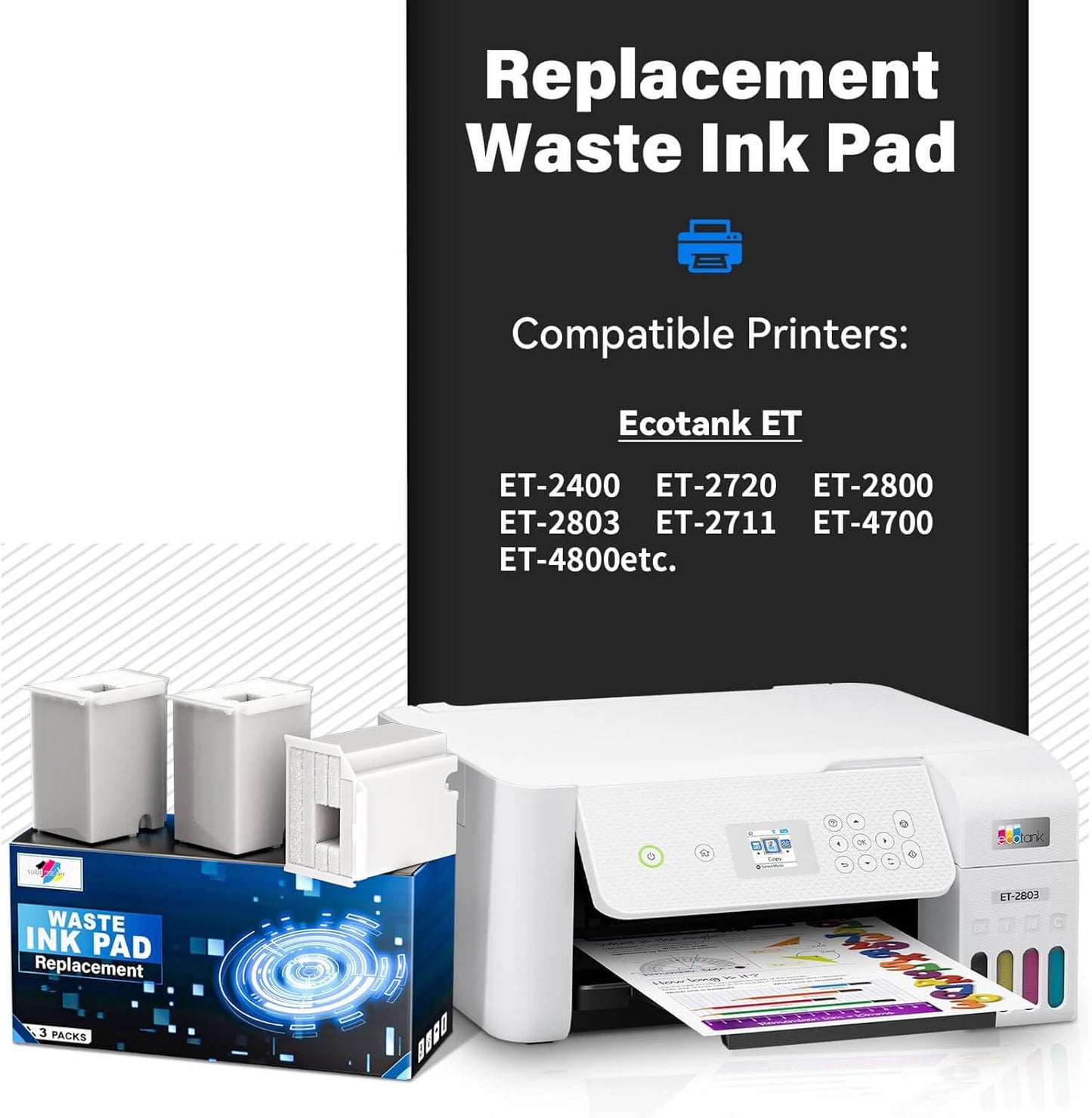 Waste Ink Pad Replacement with Reset Software Compatible Replacement for Ecotank ET-2800 ET-4800 ET-2720 ET-2803 ET-2400 ET-4700 ET2800 Printer, Maintenance Box with Reset Software (3 Pack)