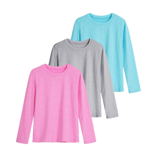 Auranso Girls Long Sleeve Shirts 3 Pack Dry Fit Athletic Tops Active Shirts for Girls Rose Pink-Light Grey-Light Blue 7-8 Years