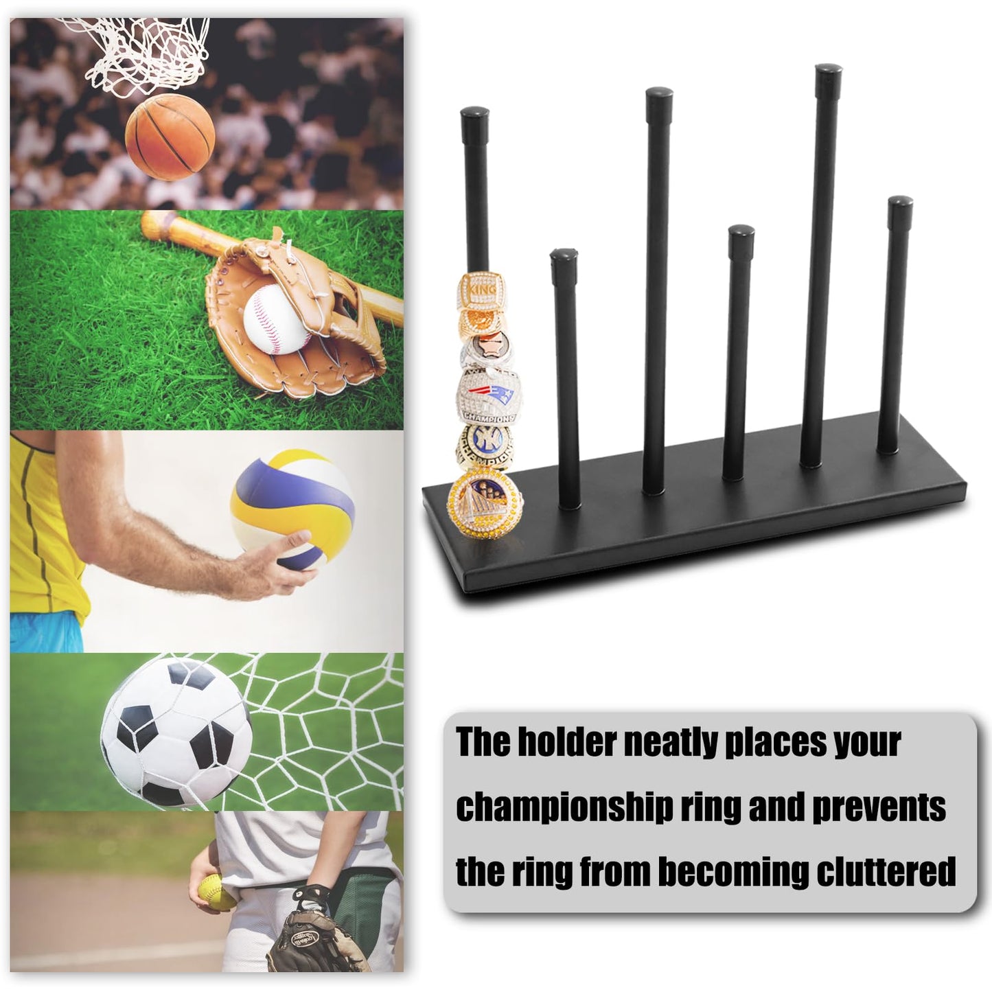 Gavinjitao Champion Ring Display Holder,Baseball Ring Holder Metal Championship Sports Jewelry Rack 6 Pillars Display Rack for Storing Baseball, Basketball, Softball Champion Souvenirs Black