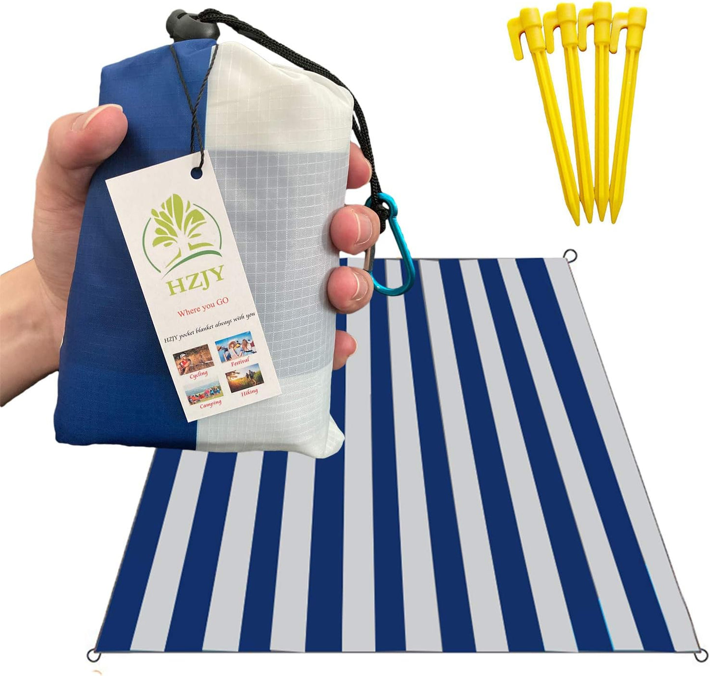 Outdoor Blanket (71" x 55") -Compact, Lightweight, Sand Proof Pocket Blanket Best Mat for The Beach, Hiking, Travel, Camping, Festivals with Pockets, Loops, Stakes, Carabiner