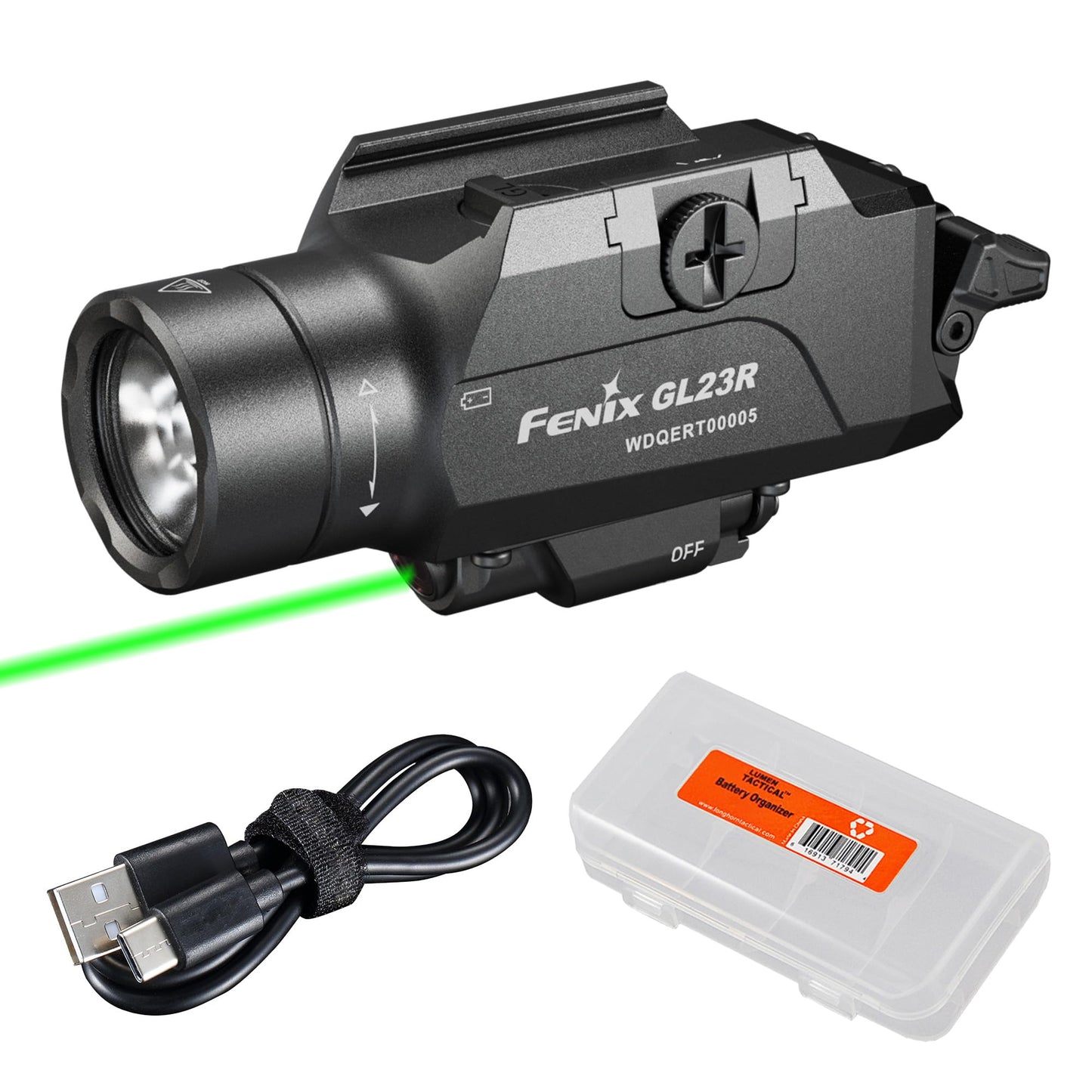 Fenix GL23R 1200 Lumen Rail Mounted Tactical Flashlight, USB-C Rechargeable, Compatible with 1913 or GL Rail with Green Beam and Organizer