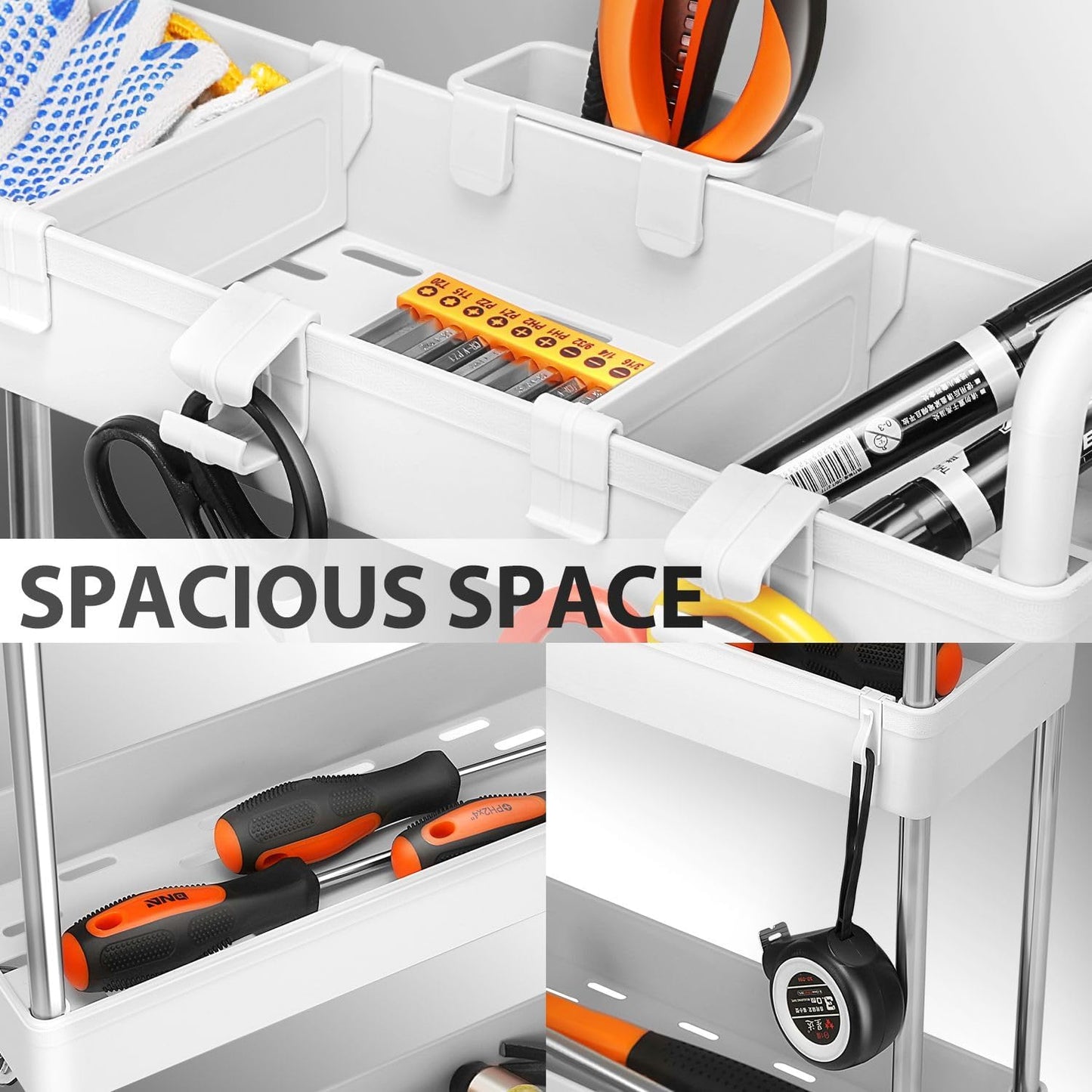 DNA MOTORING 3 Tier Slim Rolling Storage Cart, Plastic Utility Cart Organizer, Mobile Shelving Unit Utility Cart for Garage, Warehouse, Kitchen, Bathroom, Narrow Space, w/Wheel, White, TOOLS-00797-WH