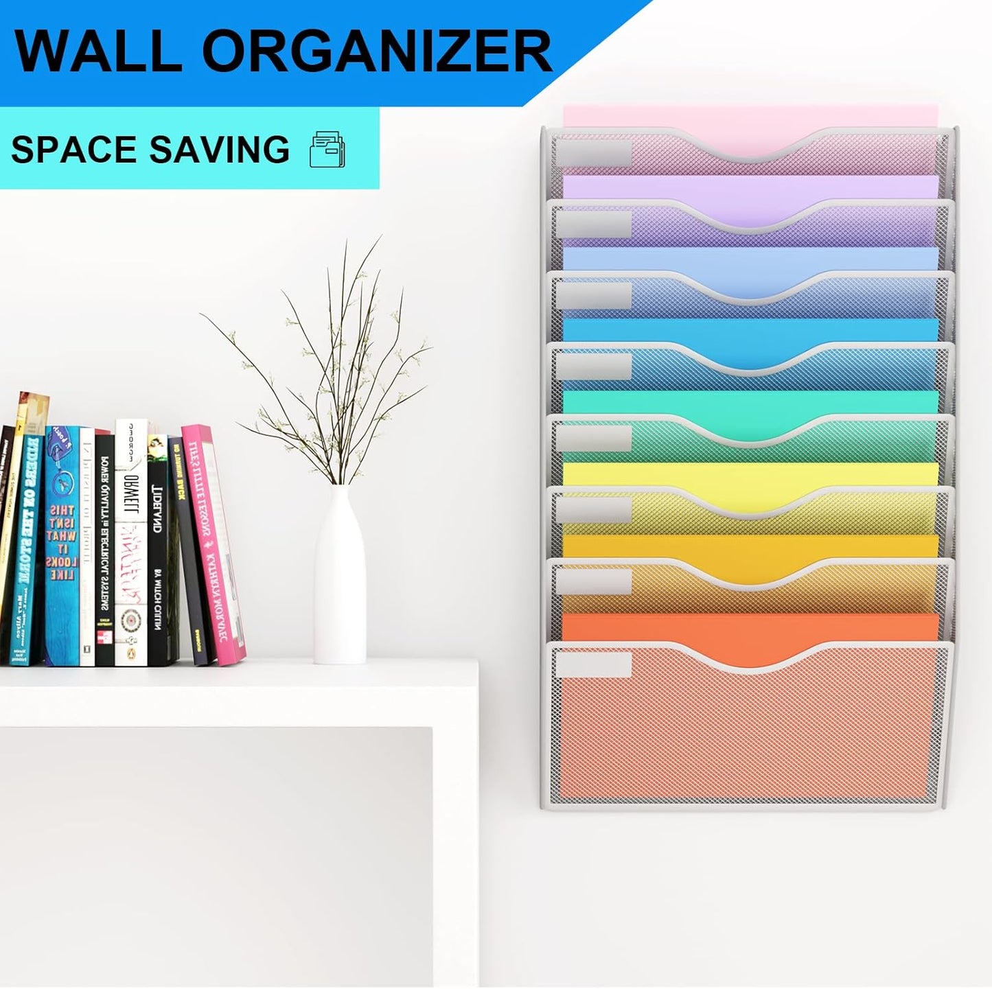 5 Pockets Mesh Hanging Wall File Holder Organizer Wall Mounted Paper Magazine Rack, Black