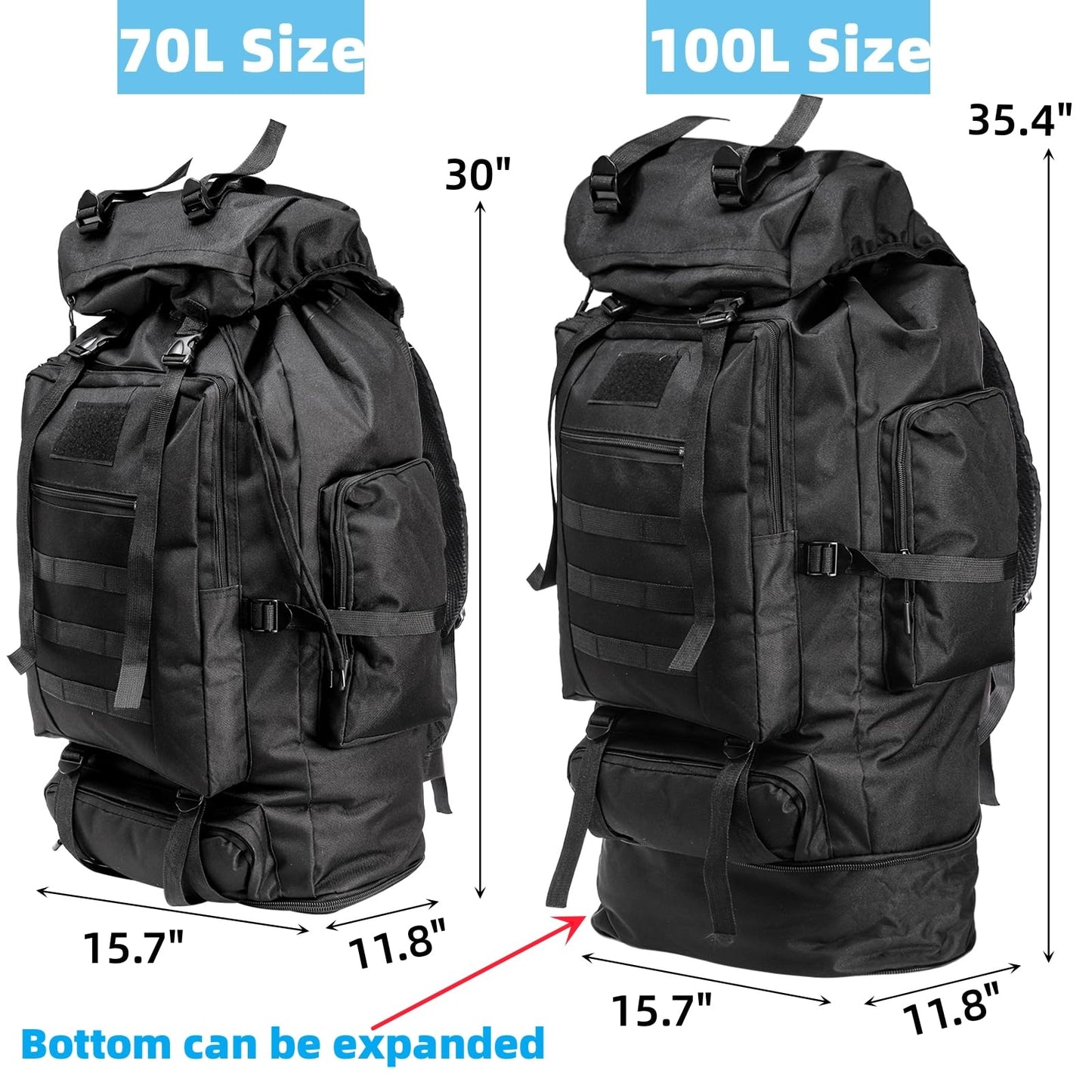 Goaste 100L Camping Hiking Backpack, Molle Military Tactical Rucksack, Waterproof Large Travel Daypack, Adjustable Survival Hunting Sports Bag for Men and Women Hiking, Camping, Touring(Black)