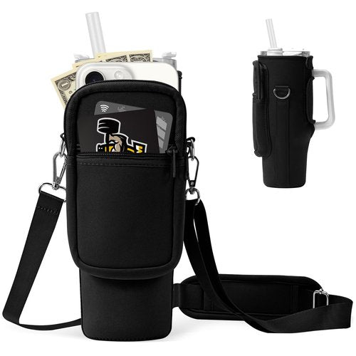 PRAGATISM Water Bottle Carrier Bag with Phone Pocket for Stanley Cup 40 oz,Water Bottle Holder Pouch with 4.9FT Adjustable Strap for Stanley Cup Accessories(Black)