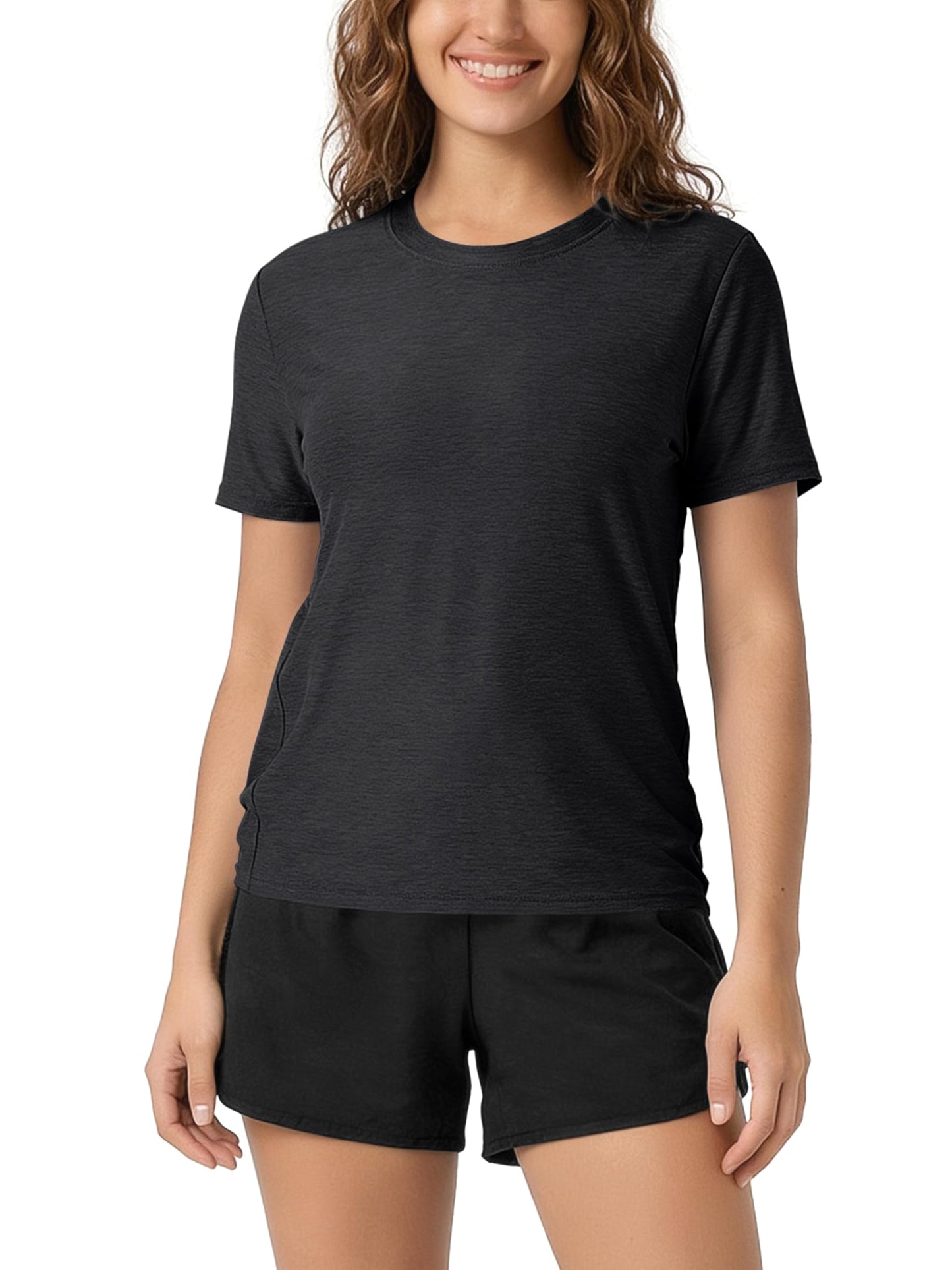 ODODOS Women's Performance Tee Ultra Soft odSTRATUM Tech Short Sleeve Relaxed Top Crew Neck T-Shirts, Black Heather, X-Large
