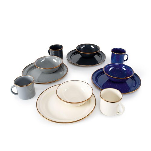 GSI Outdoors Mesa 4-Person Enamelware Camp Set – Classic Enamel Finish with Stainless Steel Rim, 12-Piece, Dishwasher Safe, Multi-Color