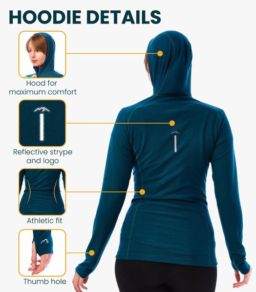 Merino.tech Merino Wool Hoodie Women - Slim Fit 100% Merino Wool Base Layer Women Half Zip Thermal Long Sleeve Shirt (Medium, 190 Deep Teal)