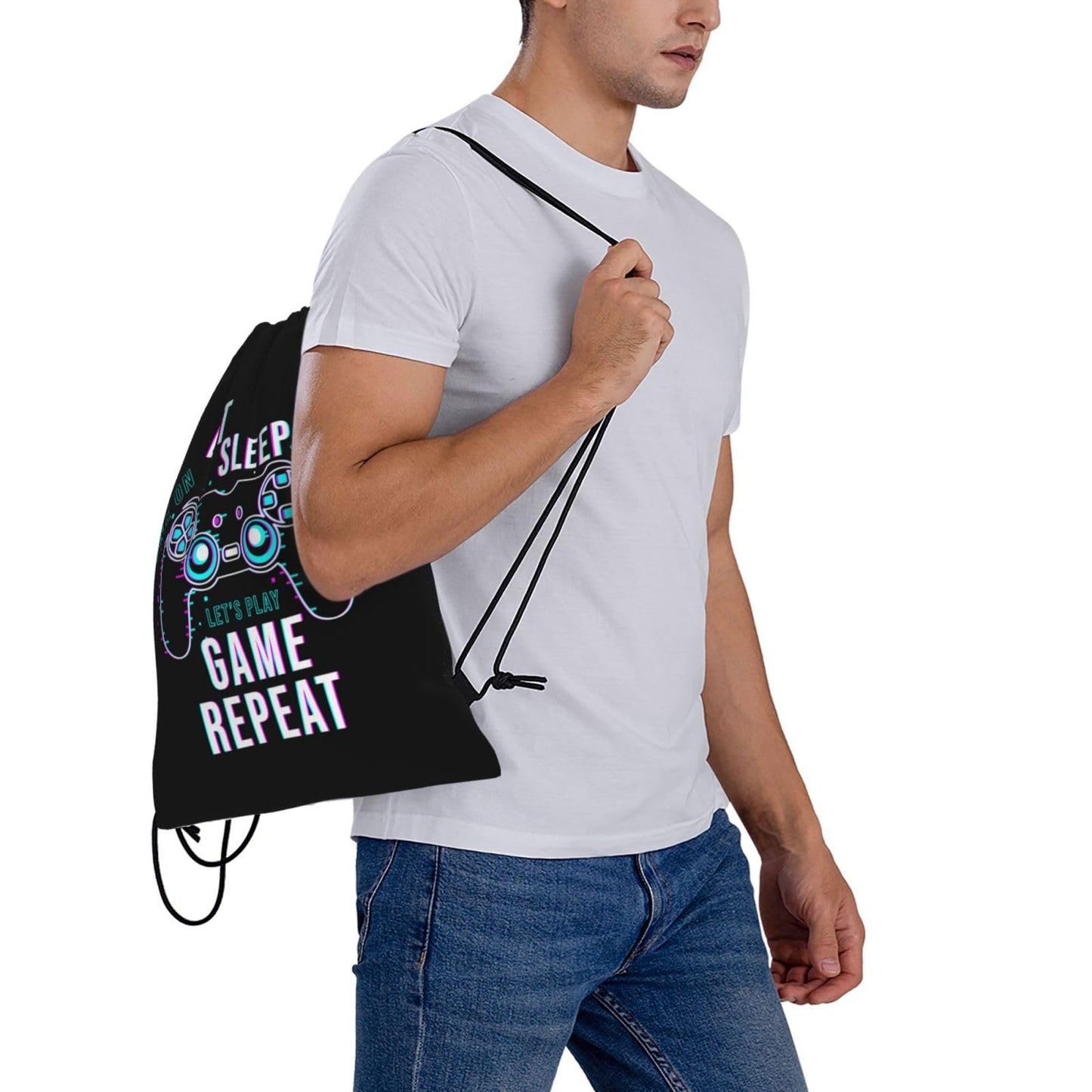 AIMASTZ Eat Sleep Game Repeat Unisex Drawstring Backpack Bag Sport Gym Swim Travel Sackpack