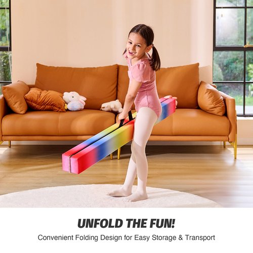ZELUS Rainbow 8 ft Folding Gymnastics Balance Beam, Water-Resistant Suede & High Density EVA for Kids, Beginners & Professional Gymnasts, Hinge Connection & Non-Slip Base