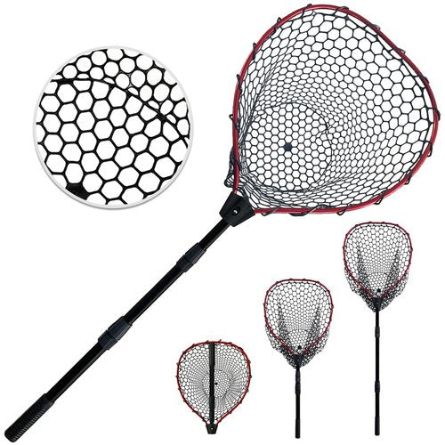 SEASPRO Red Telescoping Rubber Fishing Net Aluminum Alloy Fish Net - Adjustable Length Lightweight Foldable Large Fishing Net with Handle Collapsible Extendable Fishing Accessories