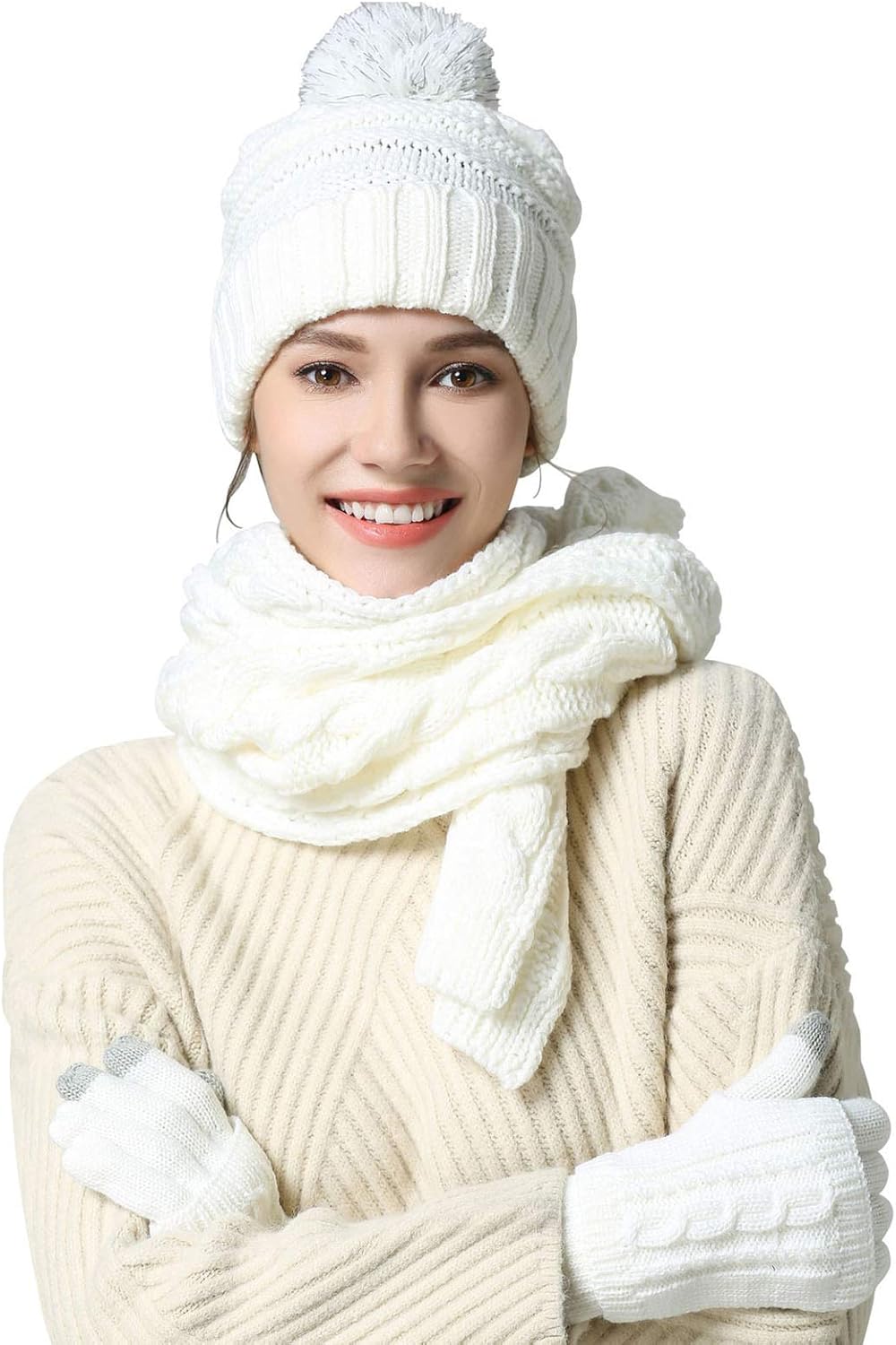 Winter Hat Gloves Scarf Set for Women, Cable Knit Beanie Pom Cap Touch Screen Glove Long Scarf 3PCS Winter Gift for Women Men
