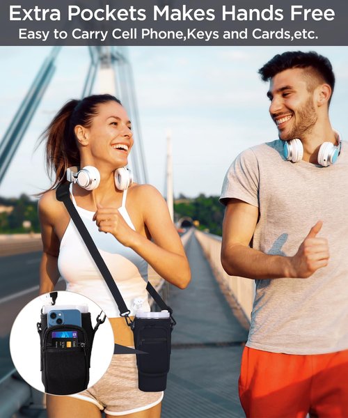 Water Bottle Carrier Bag with Phone Pocket for Stanley 40oz Tumbler with Handle（Black+Blue）