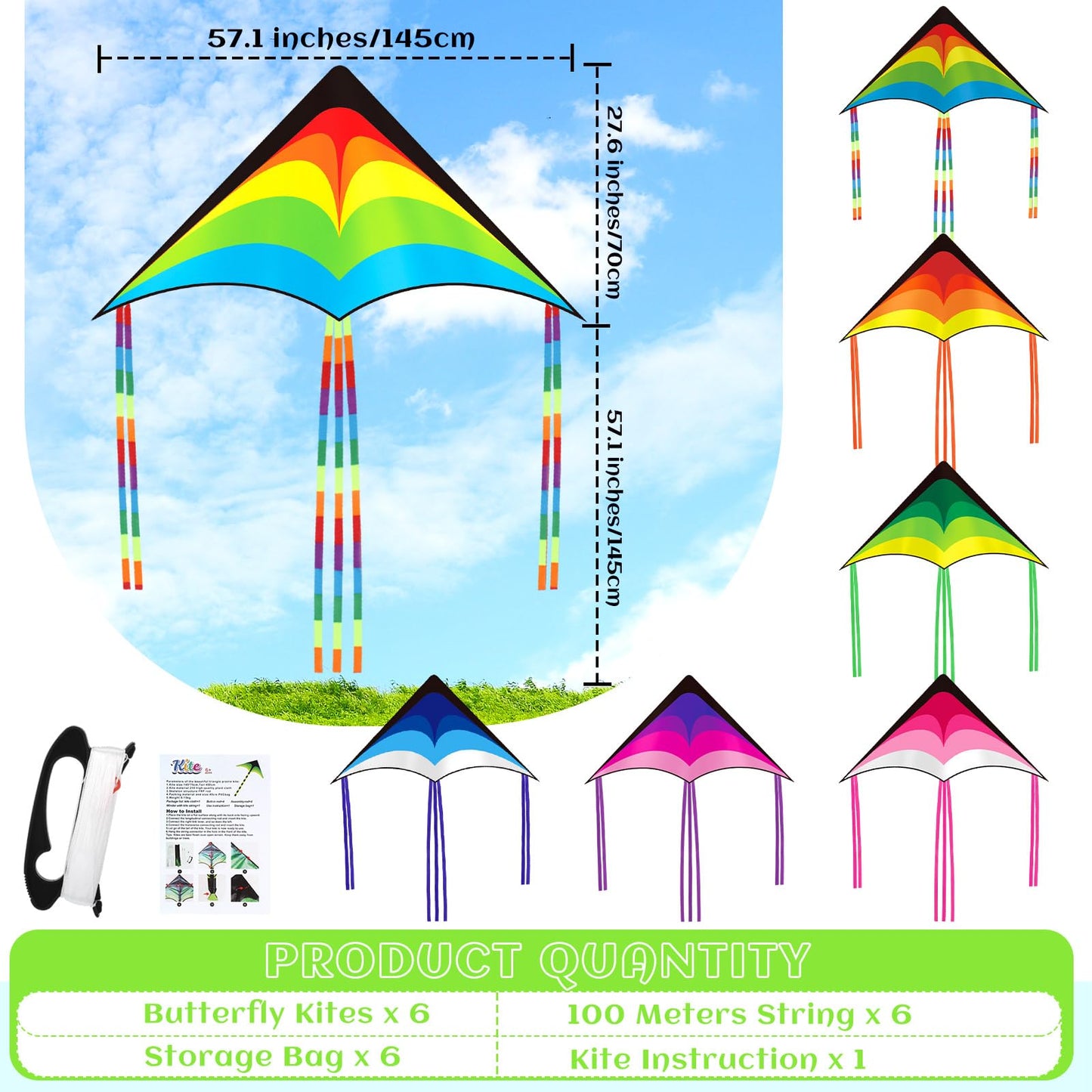 Halloscume Large Delta Kites for Adults Easy to Fly 57.1 Inch with 328.1 ft String Rainbow Beach Delta Kites for Beginner Outdoor Supplies(Classic)