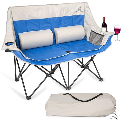 BEARSEAT Double Camping Chair – Foldable Chair with Lumbar Support Cushions and Carry Bag – Padded Portable Heavy-Duty Loveseat with 4 Mesh Pockets, 2 Cup Holders, Wine Glass Holder