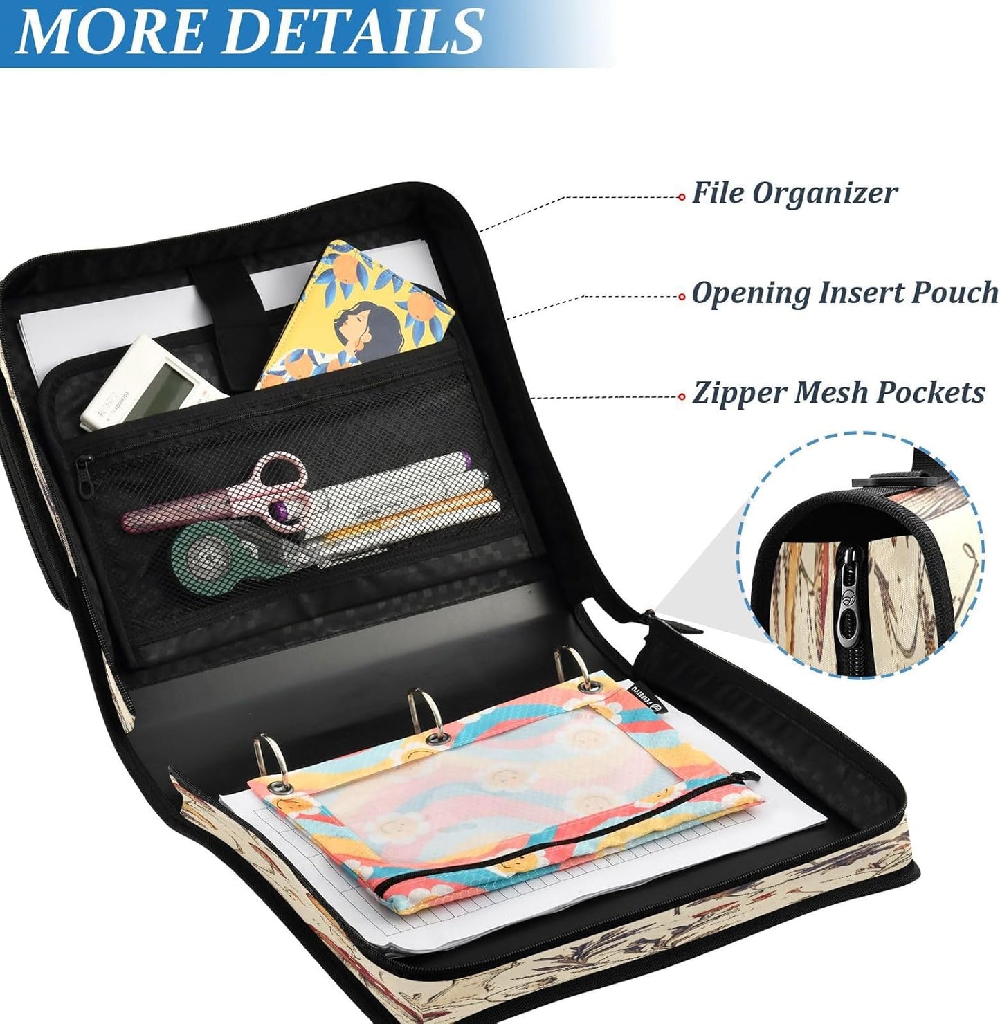 ALAZA Zipper Binder 3 Ring Hand Drawn Mushroom Binder Organizer with Zipper and Shoulder Strap Large Capacity Multi-Pocket Trapper Keeper File Folder for Office Supplies