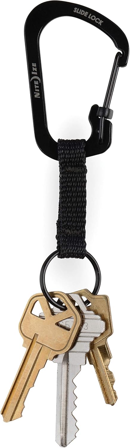 Nite Ize SlideLock Key Ring, Aluminum Locking Carabiner Key Chain with Webbing, Stainless Steel