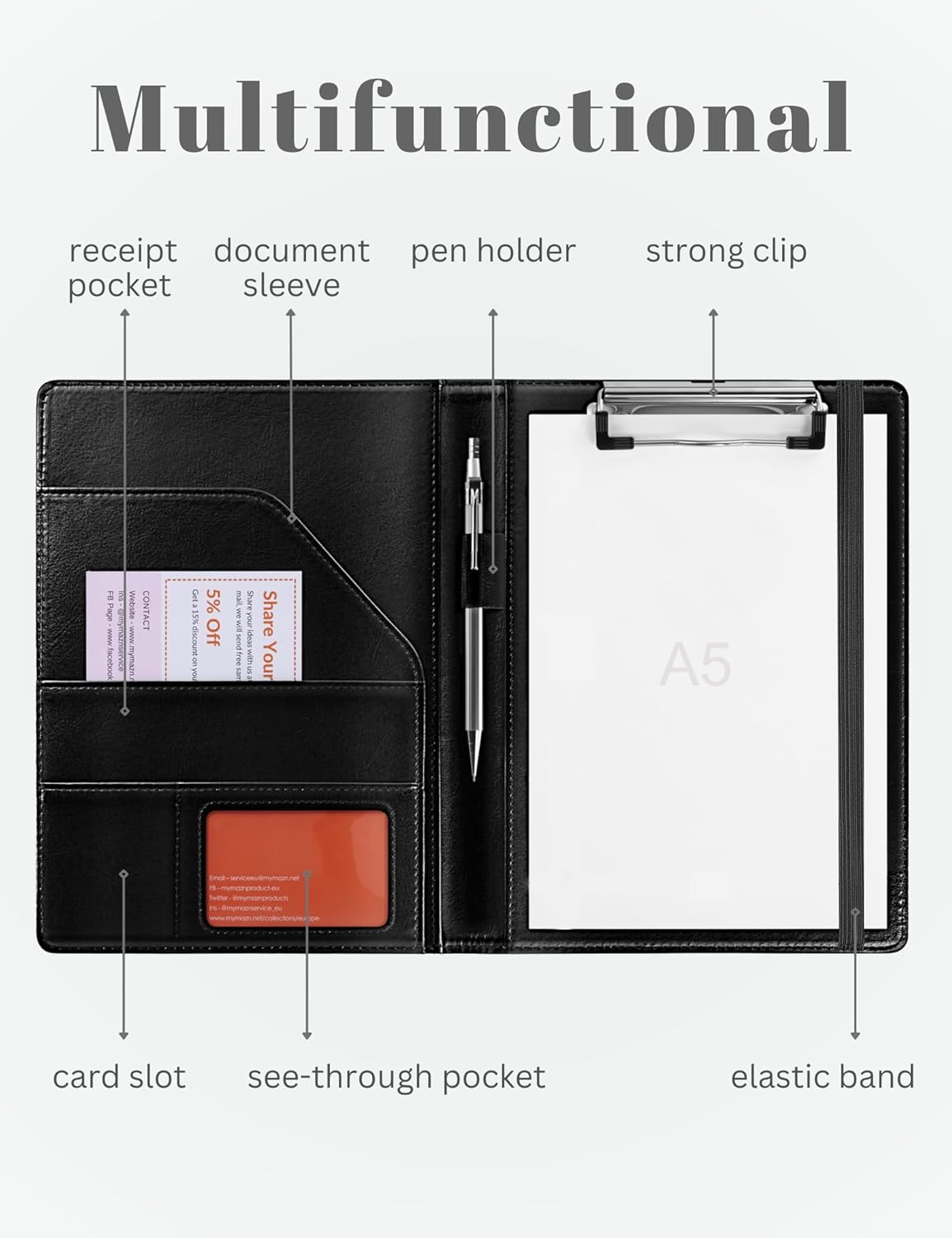 Small Clipboard Junior Padfolio Folio 7 x 9 Writing Pad Refillable, Mymazn Faux Leather Folder A5 for Notepad Legal pad 5 x 8 Junior Size Portfolio (Black)