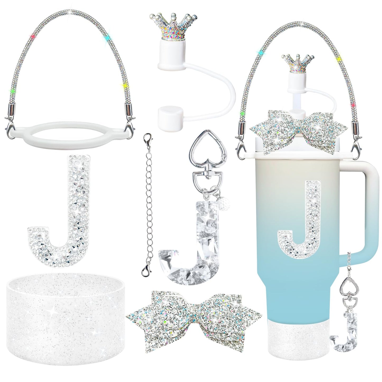 8Pcs Silvery Stanley Cup Accessories Set for Stanley Cup 30&40 Oz Tumbler - Silicone Straw Cover Cap and Boot, Handle Letter Charm, Bow Decoration Initial Sticker, Diamond Water Bottle Handle Strap(J)