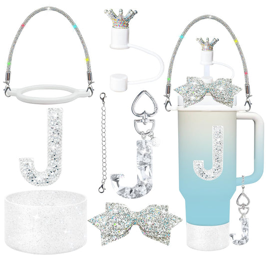 8Pcs Silvery Stanley Cup Accessories Set for Stanley Cup 30&40 Oz Tumbler - Silicone Straw Cover Cap and Boot, Handle Letter Charm, Bow Decoration Initial Sticker, Diamond Water Bottle Handle Strap(J)