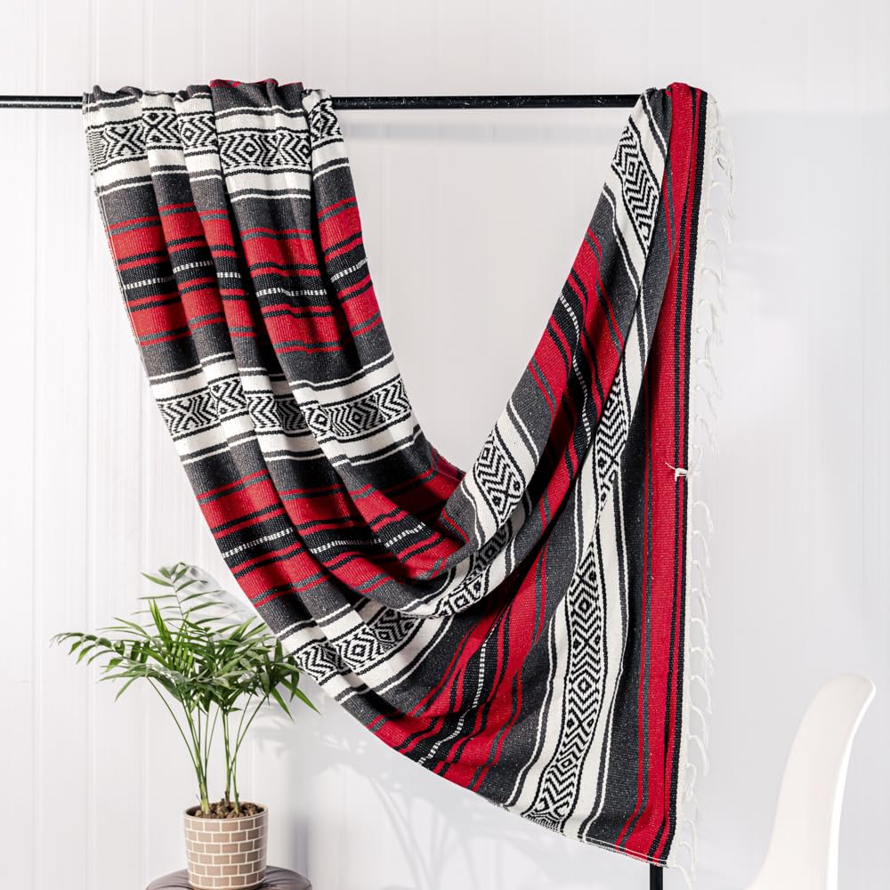 Airooglee 69" L x 51" W Large Mexican Blanket - Perfect as Yoga Outdoor Beach Serape Picnic Camping Woven Blanket, Boho Home Décor - Red