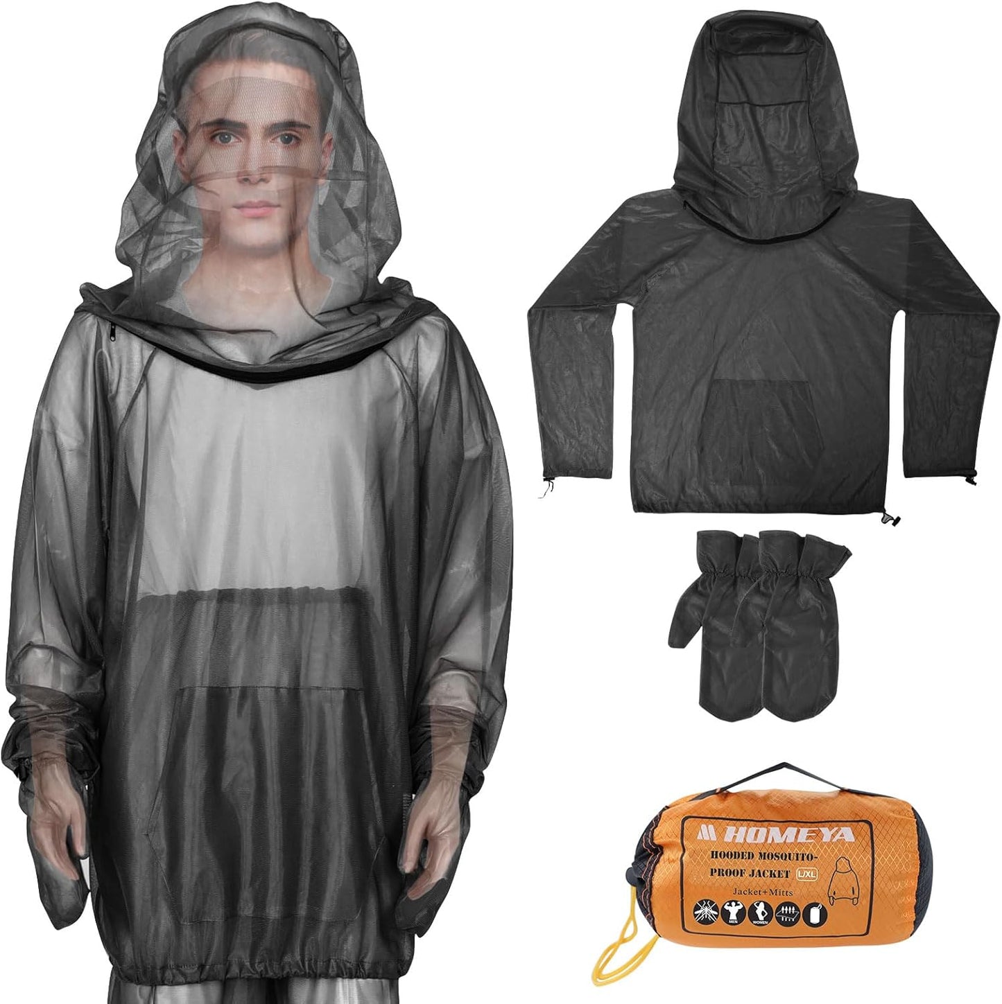 HOMEYA Bug Jacket L/XL, Anti Mosquito Netting Suit with Zipper on Hood Ultra-fine Mesh Pants Mitt Socks with Free Carry Pouch for Protecting Hunting Fishing Men Women