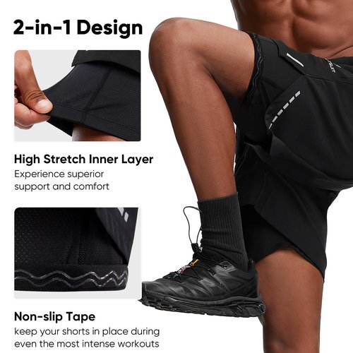HOTSUIT Men's 2 in 1 Gym Shorts 5" Athletic Running Shorts Quick Dry for Workout with Zipper Pockets, Black, 2XL