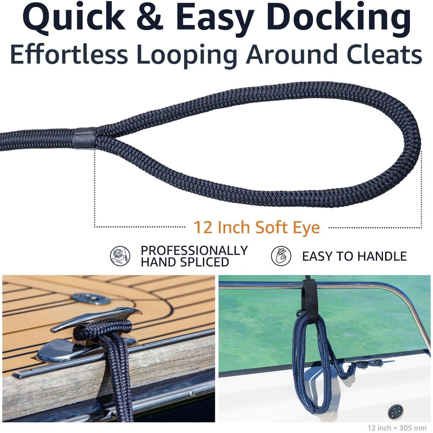 PACTHSD Double Braid 1/2" x 20' Boat Dock Lines (2-Pack) – Nylon Boat Ropes for Docking with 12" Spliced Eye – Heavy Duty Marine Rope – Soft & Durable Boat Lines for Pontoon and Light Boat (Navy Blue)
