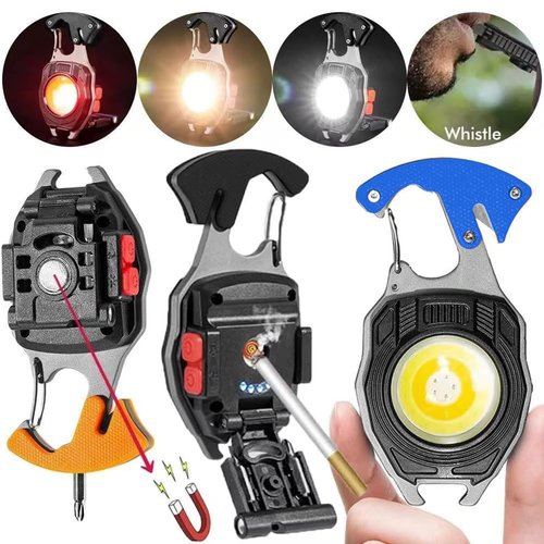 HELINYAN Keychain Portable COB Flashlight, Multifunction LED Pocket Light, Rechargeable Emergency Lighting, 7 Light Modes Magnet Base Multi-Tool Emergency Light for Camping Hiking Fishing Car Repair