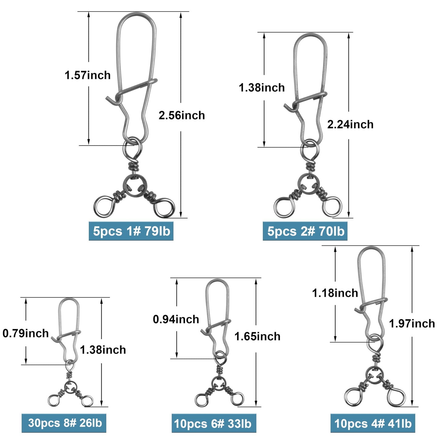 3 Way Snap Swivels 60PCS Fishing Swivel Tackles with Stainless Steel Duo Lock Snaps 26-83LB Round T Shape Fishing Lure Connectors for Saltwater Freshwater Catfish Rig Trolling Line