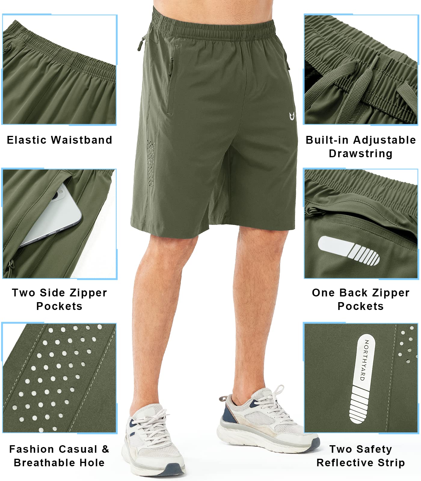 NORTHYARD Men's Athletic Running Shorts Gym Workout 7"/9"/5" Quick Dry Lightweight Sports Basketball Tennis 3 Zipper Pockets ARMYGREEN-9inch 2XL