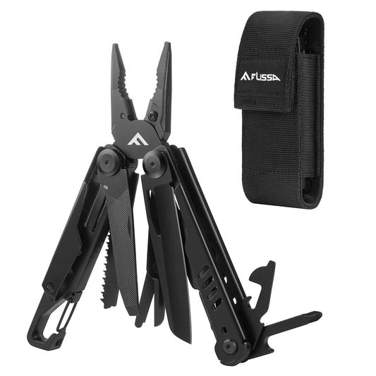 FLISSA 15-in-1 Multi-tool Pliers with Sheath, Portable Pocket Knife with Safety Locking System, Belt Clip and Sheath for Outdoors, Survival, Camping, Fishing, Hunting