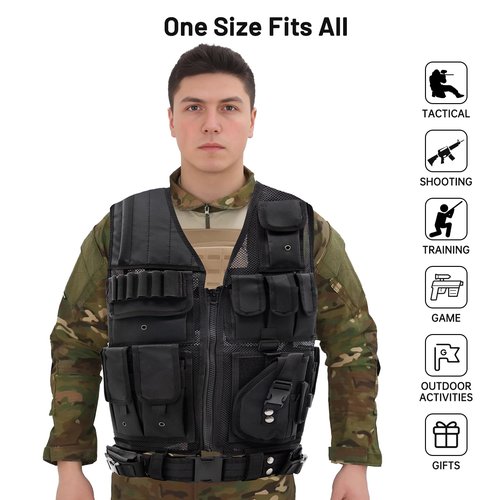 Oushome Tactical Vest, Lightweight Adjustable Airsoft Vest with Detachable Belt & Holster, Tactical Vest for Men for Adults CS/Hunting/Training/Cosplay
