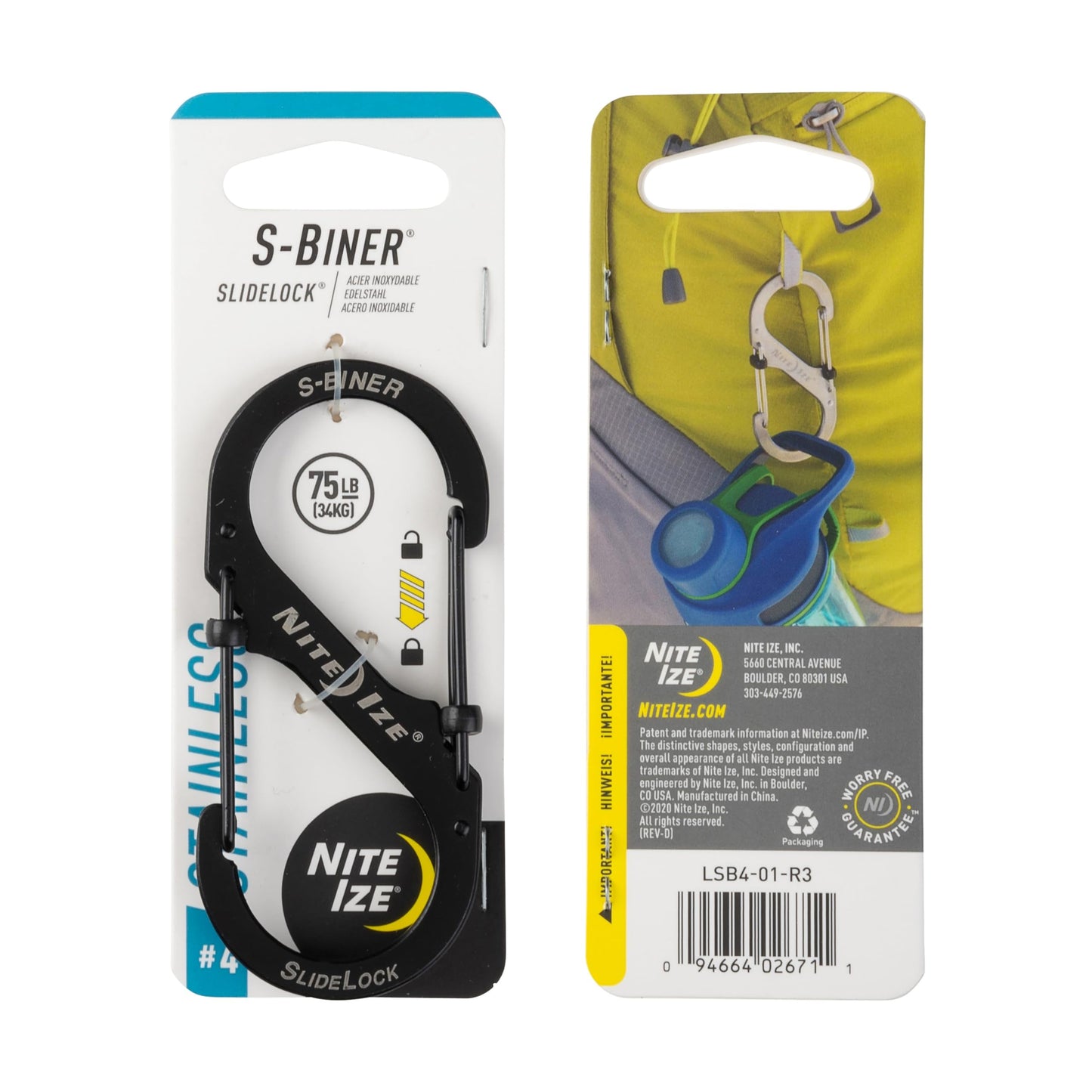 Nite Ize S-Biner Slidelock Stainless Steel - Double-Gated Design - Carabiner Clip with Locking Gates - Dual Carabiner Holder for Keys, Water Bottles & Gear - Size 4, Black, 4 Count (4 Pack)
