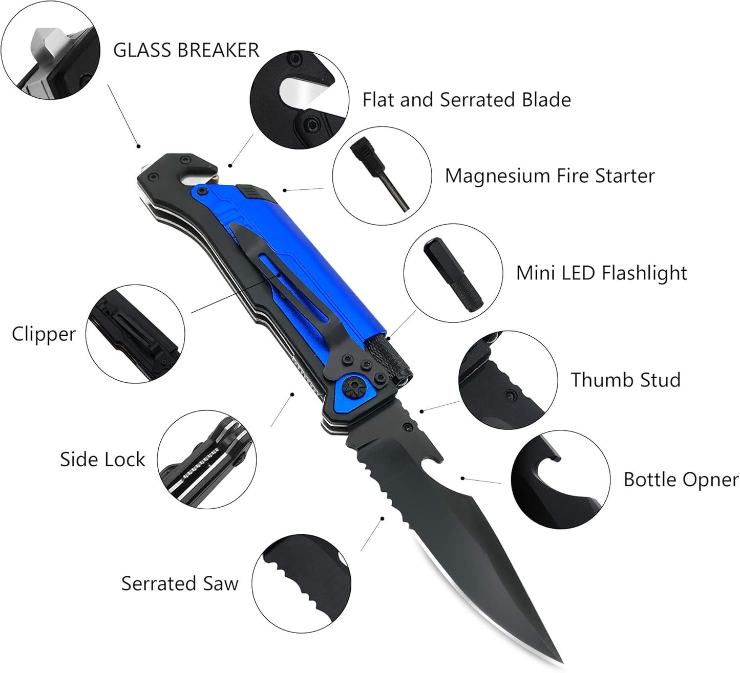 ALBATROSS 6-in-1 Survival Tactical Military Folding Pocket Knives with LED Light,Seatbelt Cutter,Glass Breaker,Magnesium Fire Starter,Bottle Opener;Multi-Function Emergency Tool(Black)